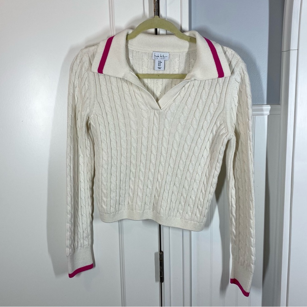 Nicole Miller Cable Knit‎ Collared Pullover Sweater White with Pink Size medium